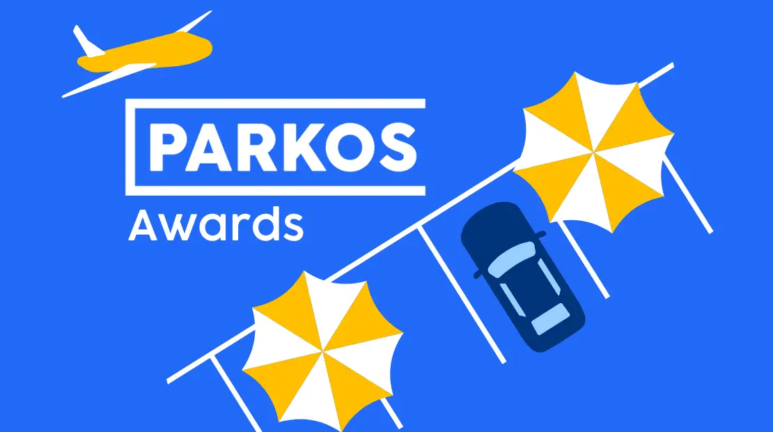 Illustrazione Parkos Awards con aereo stilizzato, auto parcheggiata e ombrelloni gialli su sfondo blu