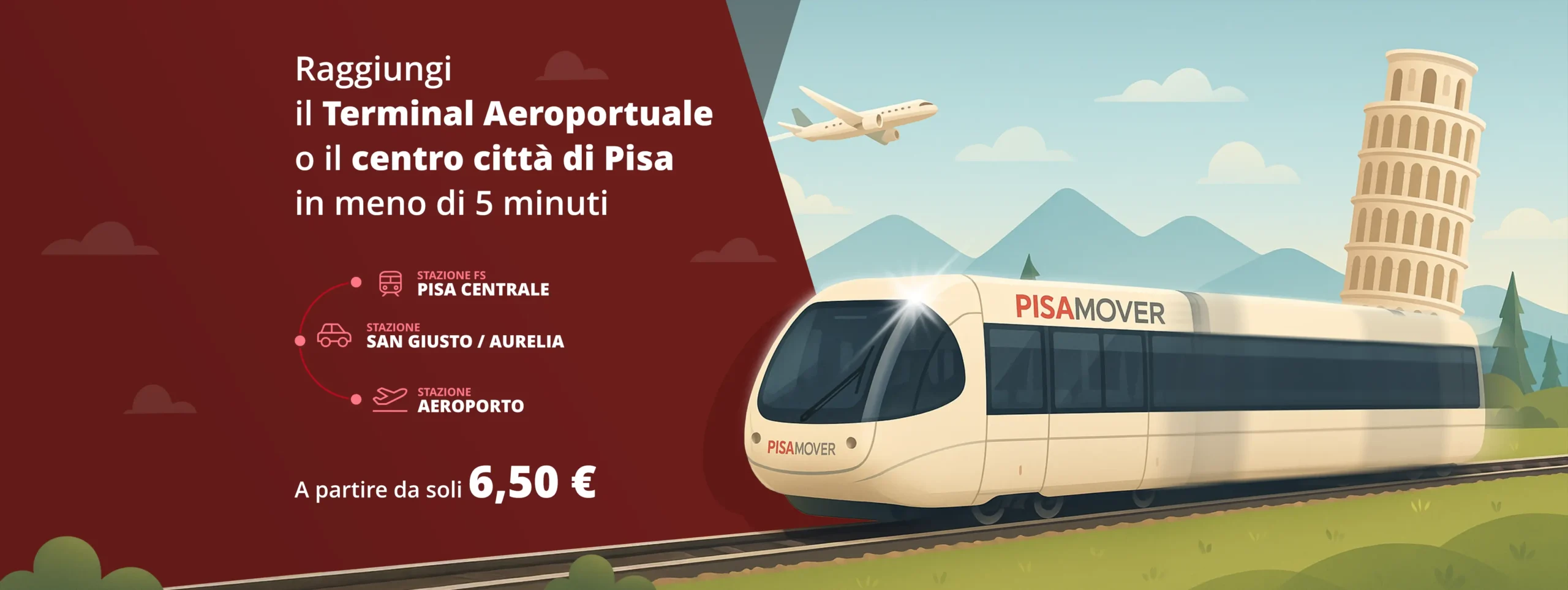 Banner promozione PisaMover: raggiungi aeroporto o centro città in meno di 5 minuti.
