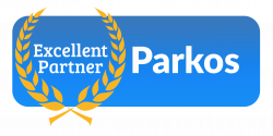 Logo Parkos con la scritta ‘Excellent Partner’ circondata da due rami di alloro.