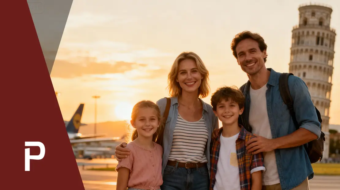 Famiglia sorridente davanti alla Torre di Pisa al tramonto, con l’aeroporto sullo sfondo.